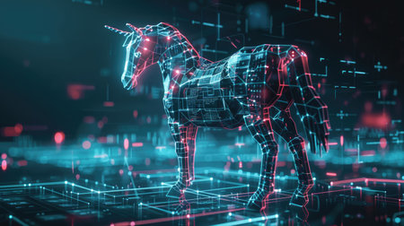 3D digital art of a Trojan horse in a cyberspace environment symbolizing security threats and malware.の素材