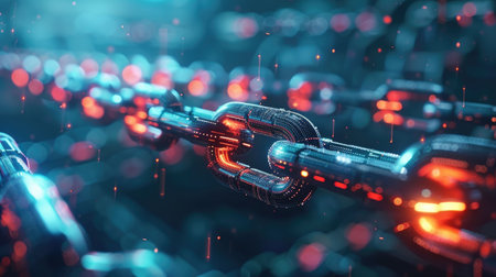 Close-up of a digital blockchain concept with glowing nodes and encrypted data represented by a shimmering chain.の素材