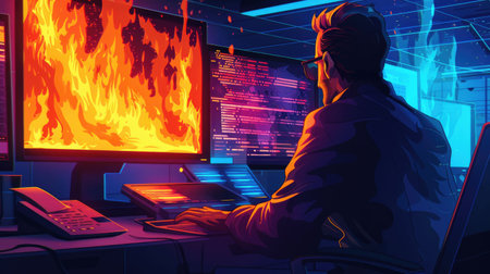 A cybersecurity professional intensely scrutinizes code on multiple screens in a dark room, actively engaging in digital defense against a firewall breach.の素材