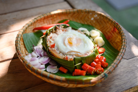 A Northern Thai food, Sour sausage in banana leaf with egg