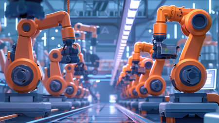 Smart manufacturing solutions with IoTenabled robots depicted in a futuristic 3D cartoon animationの素材