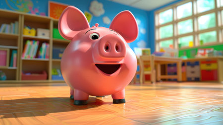 An animated piggy bank teaching children the basics of financial education, in a colorful classroom settingの素材
