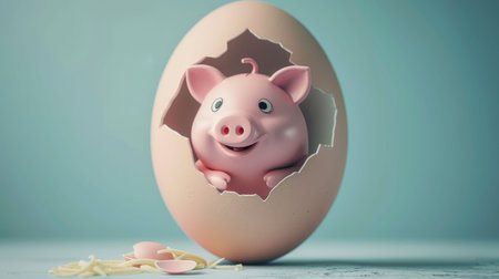 An animated piggy bank breaking out of a giant egg, symbolizing the birth of a new savers financial independenceの素材