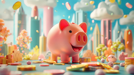 A vibrant 3D cartoon animation of a piggy bank journeying through various investment landscapes, accumulating coinsの素材