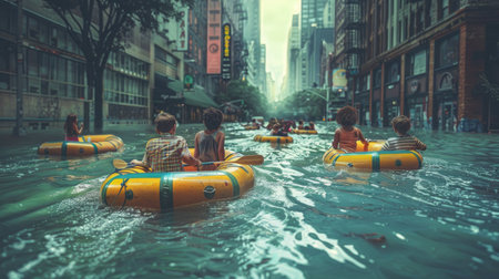Children exploring a flooded city on rafts, learning about the impacts of rising sea levels,の素材
