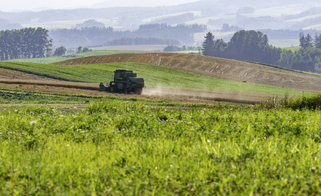 Harvester machine working in the fieldの写真素材