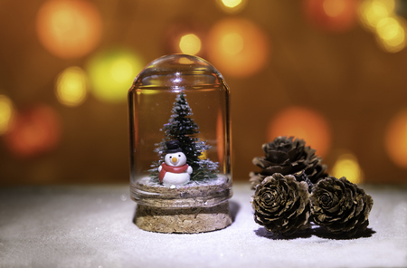 Snow man with Christmas tree in glass tube near pine cone isolated from Christmas light backgroundの写真素材