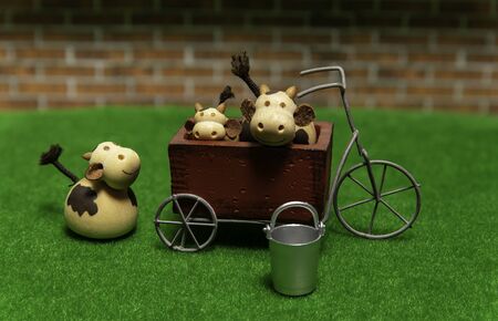 One Cow on green grass and two Cows in the tricycle with steel bucket of waterの写真素材