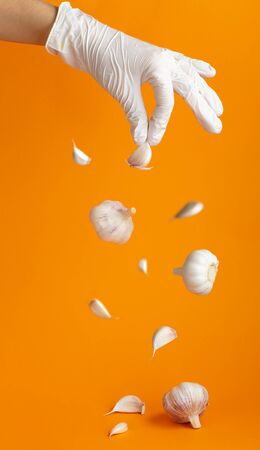Hand in surgical glove falling garlic, isolated on orange background. Protective immune system creative levitation concept during coronavirus quarantine. Vertical fly foodの写真素材