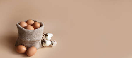 Beige chicken eggs in a sustainable canvas burlap bag with cotton flowers on pastel background with...