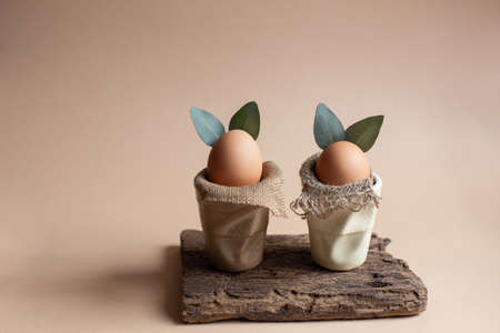Zero waste Easter eggs bunnies with eucalyptus leaves ears and natural burlap cloth in ceramic glass...