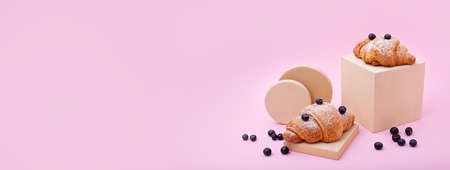 Gluten free cake with blueberry and carob. Homemade chocolate cake with raw berries on modern circle and square podiums on pink background. Creative food photo with shadows. Top viewの写真素材
