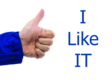 A thumbs-up gesture of human hand with word I like itの写真素材