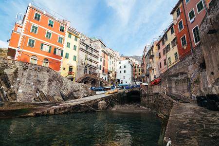 Riomaggiore village, one of the five town of Cinque Terre in Liguria, Italyの写真素材