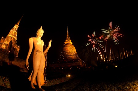 Fire work in temple of Historical park, Thailand の写真素材