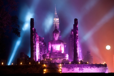 Light on temple in historical park in Thailand の写真素材