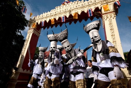 LOEI, THAILAND - JULY 1  Unidentified young people dress in spirit and wear a mask, sing and dance...