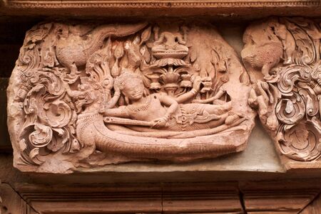 Kmer art on roof at Kmer temple style in Northeast of Thailand 