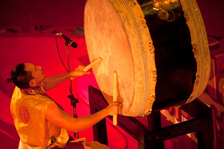 BANGKOK--JANUARY 20  Unidentified performer provide music for the traditional Lion Dance outside the...