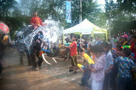 AYUTTAYA, THAILAND - APRIL 13  Songkran Festival is celebrated in a traditional New Year s Day from April 13 to 15, with the splashing water with elephants on April 13, 2012 in Ayuttaya, Thailand のeditorial素材
