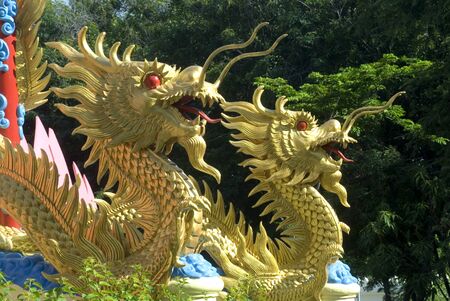 Beautiful golden dragons at Thai Church の写真素材