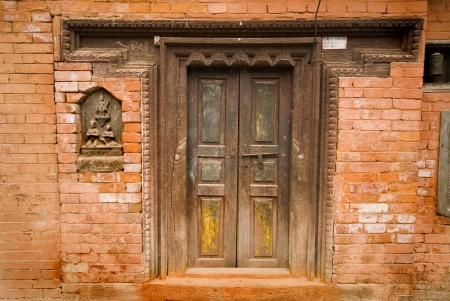 Door at temple at Patan Durbar Square, Kathmandu city in Nepal の写真素材