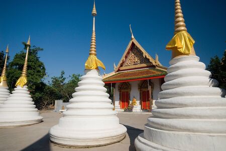 Three ancient white pagodas in temple ,Middle of Thailand の写真素材