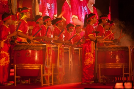 Drum playing show on Chinese New Year 2013 in Supunburi Province,Middle of Thailand のeditorial素材