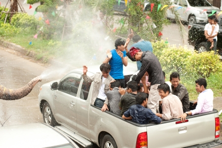 Elephant splashing water in Songkran festival のeditorial素材