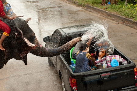 Elephant splashing water in Songkran festival のeditorial素材