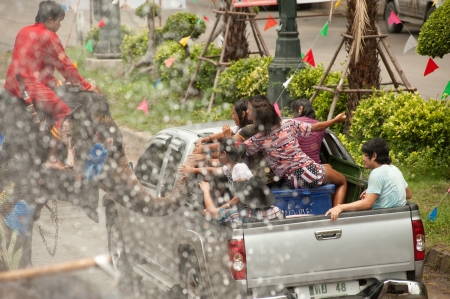 Elephant splashing water in Songkran festival のeditorial素材