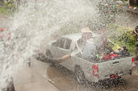 Elephant splashing water in Songkran festival のeditorial素材