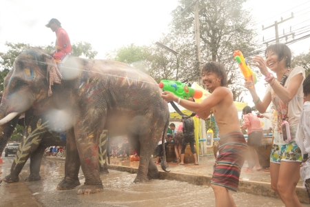 Elephant splashing water in Songkran festival のeditorial素材