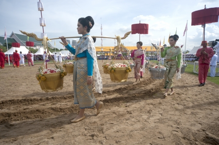 BANGKOK,THAILAND-MA Y 13 Unidentified Queen of the Plowing Ceremony holding gold and silver basket in the beginning to planting season in The Royal Plowing Ceremony on May 13,2013 at Bangkok,Thailand  のeditorial素材