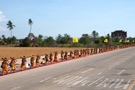 Bangkok,Thailand-January 21,2012   Row of Buddhist hike Thai monks on streets strewn with rose petals on the Thammachai hike establish the path of the great teachers on January 21,2012 in Bangkok , Thailand のeditorial素材