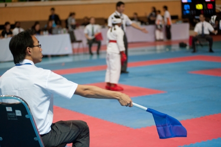 BANGKOK,THAILAND - SEPTEMBER 9 The flag is raised from committee during of Thailand Open Karate-Do Championship 2013 on Nimibutr National Indoor Stadium, September 9, 2013, Bangkok,Thailand  のeditorial素材