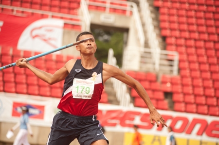 Javelin Throw player action in Thailand Open Track and Field Championships 2013 のeditorial素材