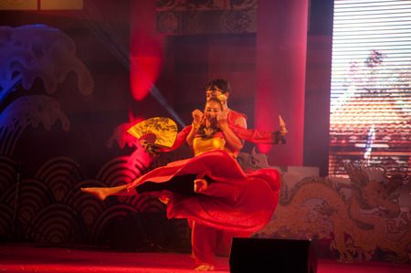 Chinese traditional fan dancing light and sound show in Chinese New Year のeditorial素材