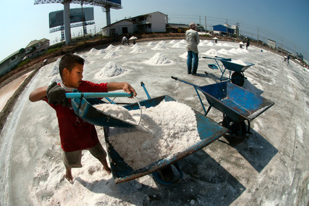 Workers are working at a salt farm in Thailand.のeditorial素材