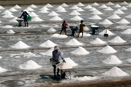 Workers are working at a salt farm in Thailand.のeditorial素材