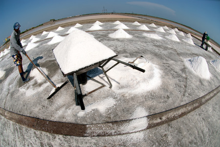Workers are working at a salt farm in Thailand.のeditorial素材