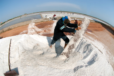 Workers are working at a salt farm in Thailand.のeditorial素材