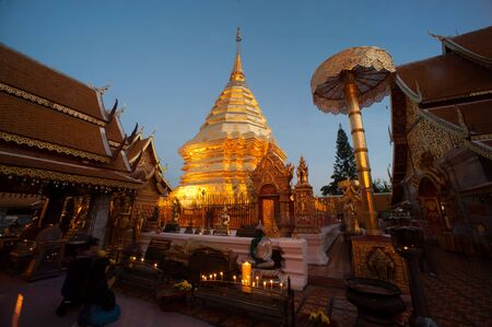Twilight scene at golden Pagoda of Wat Phra That Doi Suthep,The temple is founded in 1383 when the first stupa was built. Located in Chiang Mai Province,Thailand.のeditorial素材