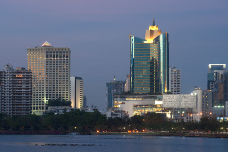 View of Building Skyline taken from Benjakiti Park in Bangkok, Thailand.のeditorial素材