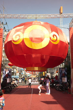 The largest red Chinese lanterns hanging show for Chinese New Year Festival in Thailand.のeditorial素材