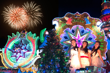 SAKON NAKHON, THAILAND - DECEMBER 25, 2015 : The celebrating Christmas with the dazzling star parade on more than 200 cars together with a Santa Claus and angels parade in Parade of Christmas Star Festival on December 25,2015 in Sakon Nakon ,Thailand.のeditorial素材
