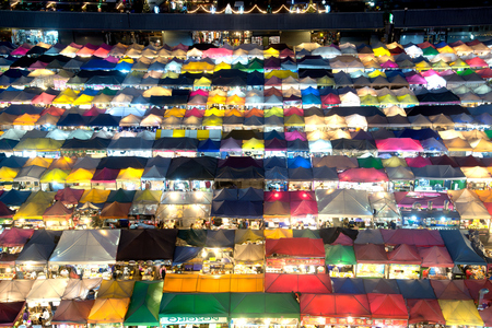 Bangkok, Thailand-December 14 , 2017 : Night scenic of Bangkok Panorama top view from building of Bangkok train market on December 14,2017 , This market is a beautiful colorful and wonderful of tent retail shop.のeditorial素材