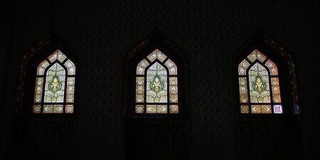 Panorama Thai art on window of Church at Wat Benchamabophit, the Marble temple Bangkok.のeditorial素材