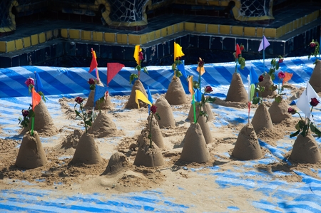 Sand Pagoda for return the sand to the temple in tradition Songkran Festival or Water Festival.の写真素材