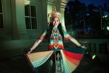 Thai Pretty woman posing in Classical Thai tune Monohra is a type of dance drama originating in Southern Thailand.の写真素材